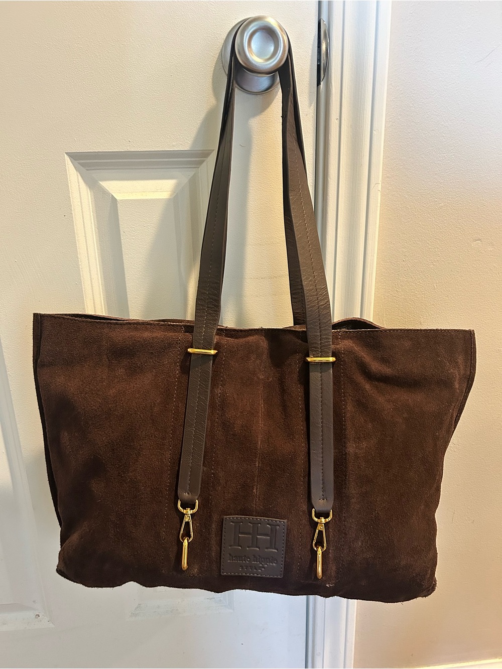 Haute Hippie Suede Leather Tote Shoulder Bag & Wallet in Dark Chocolate Brown - Picture 4 of 16